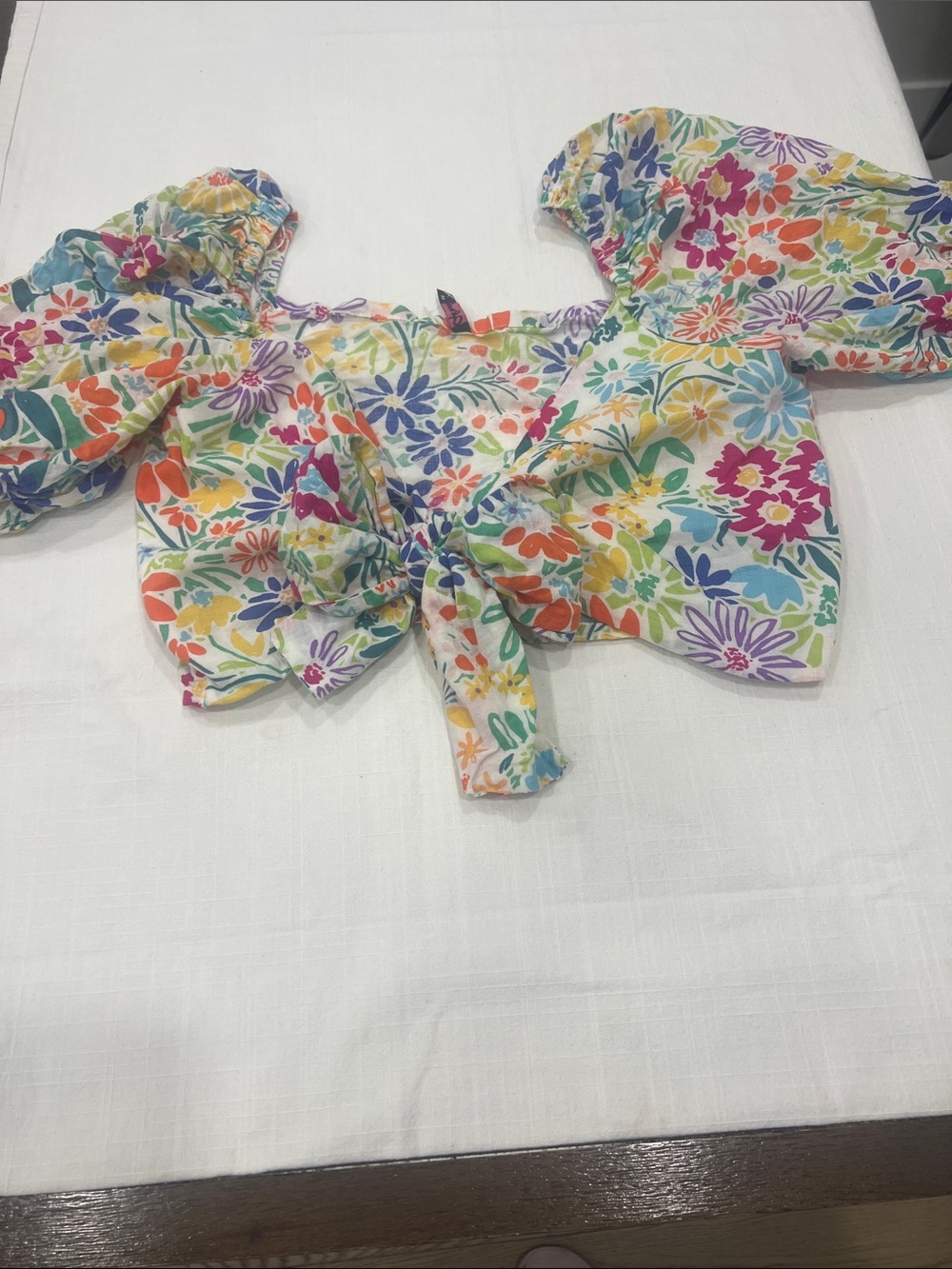 🔥🔥Floral Tie-Front Puff Sleeve Crop Top - Multicolor